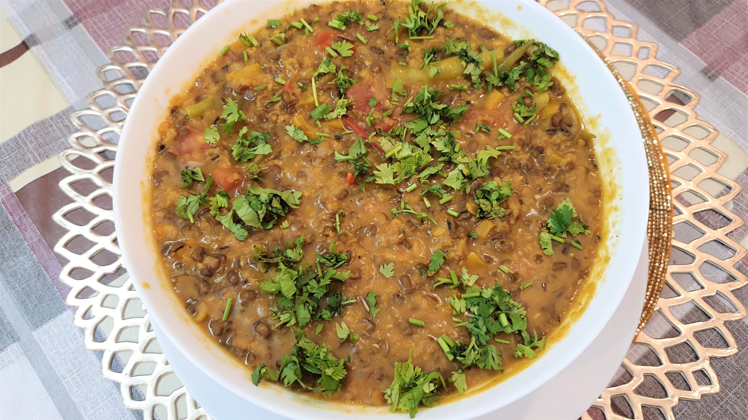 Chilka Moong Dal with Sabzi (Split Green Lentil with Veggies)